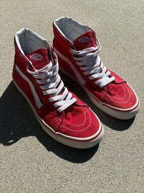 Vans Red and White High-Top Canvas Sneakers